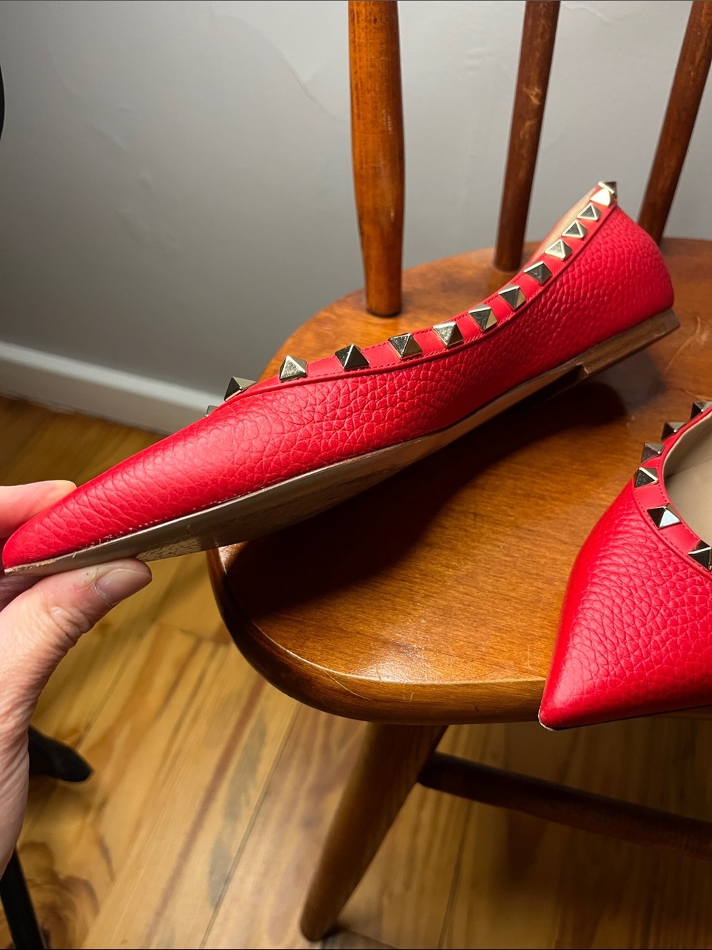 Valentino Garavani Rockstud Pointed Toe Ballerina Flats Red Size 37.5 - Picture 4 of 11